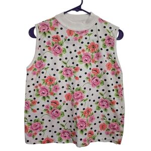 Vintage Pink Rose Floral Sleeveless White Shirt Retro Tank 80s